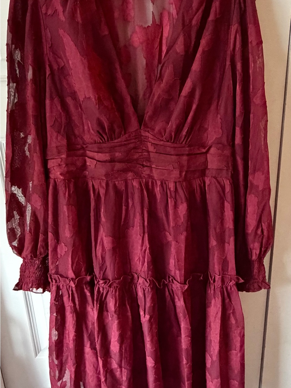 Long Sleeve Deep V Burgundy Floral Midi Dress